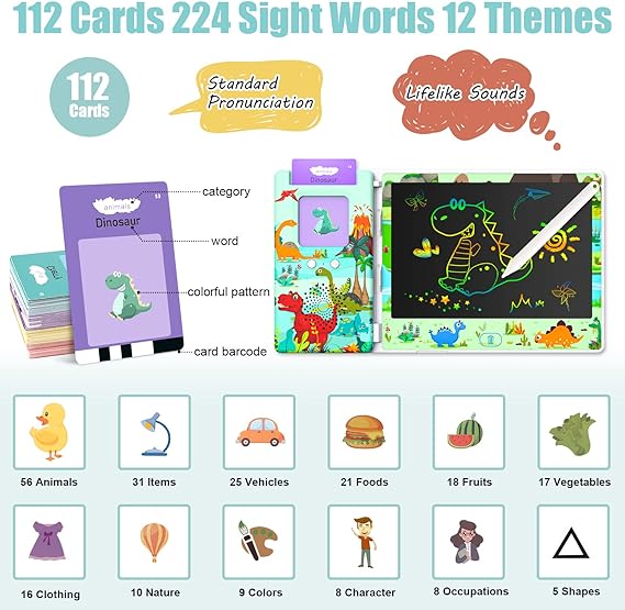 Talking Flash Cards LCD Writing Tablet 224 Words, Reading & Writing Toddlers Montessori